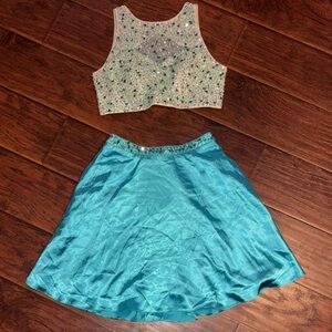 Teal & Cream Custom Made Skirt & Crop Top set